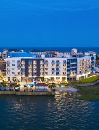 Aerial view of waterfront hotel